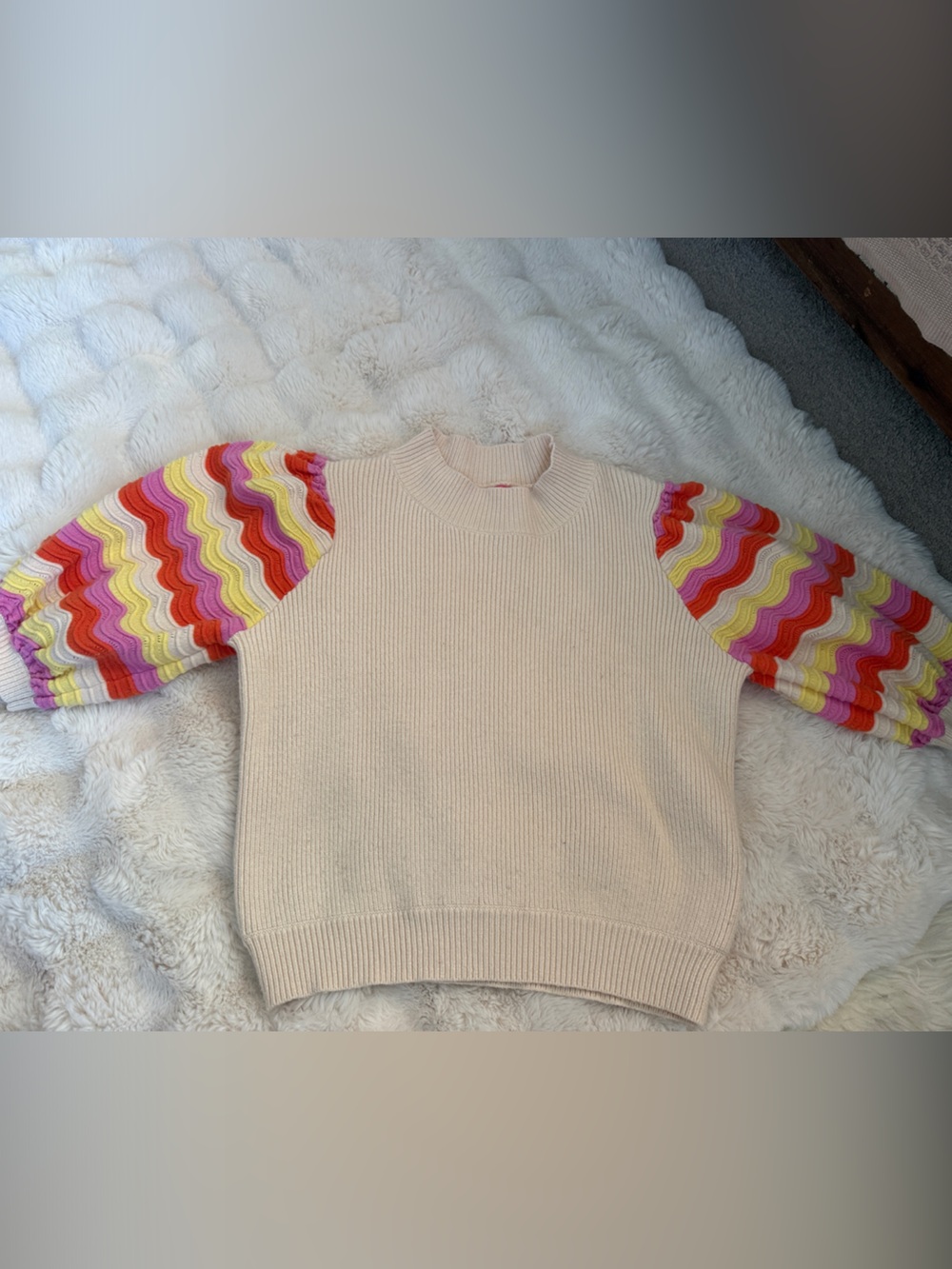 THML Cream Knit Sweater with Rainbow Wave Puff Sleeves